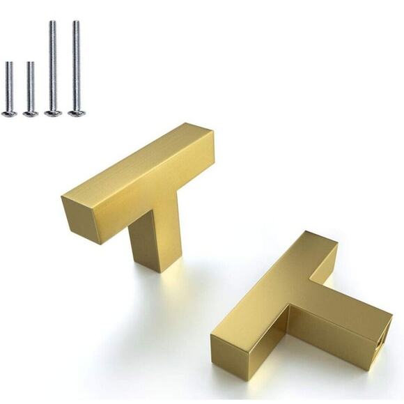 12 T Bar Kitchen Knob Pulls, Brass Gold Cabinet Drawer Handles, Stainless Steel - Picture 1 of 5